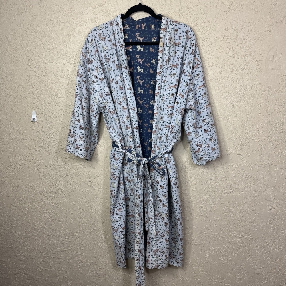 Whimsical Dog Print Reversible Cotton Bathrobe Kimono Pockets Casual Dog Lover